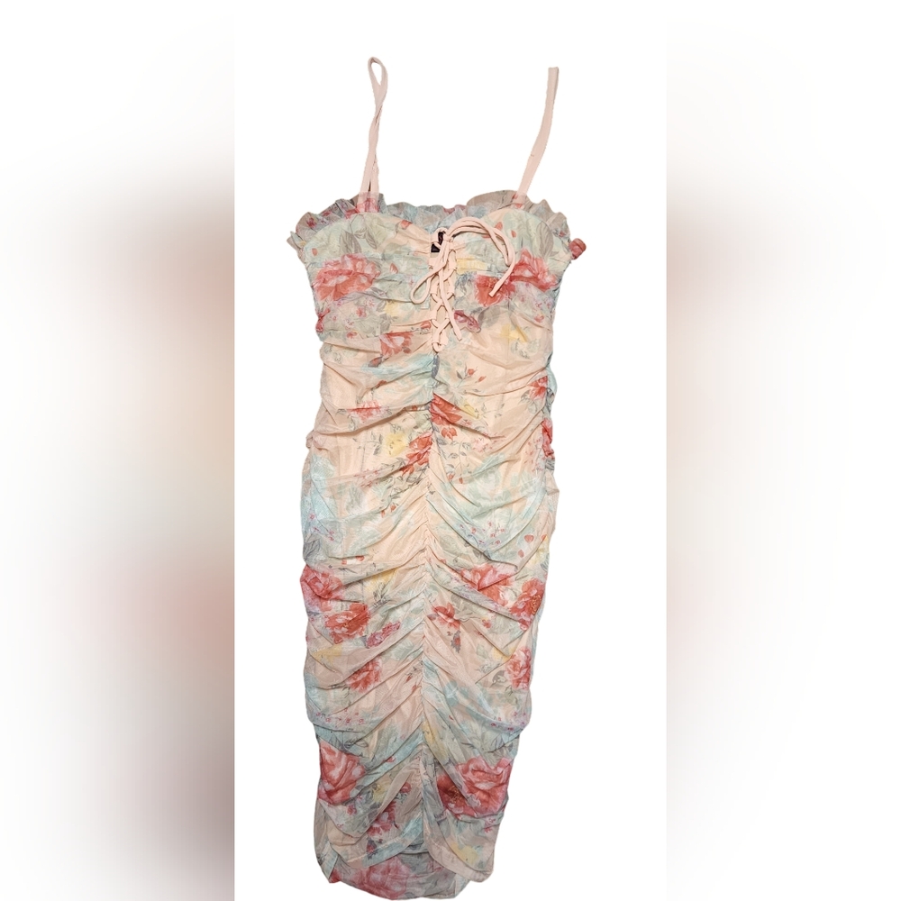 S-M-L New in Pack Flowered Mesh Dress with Rouching and Lining